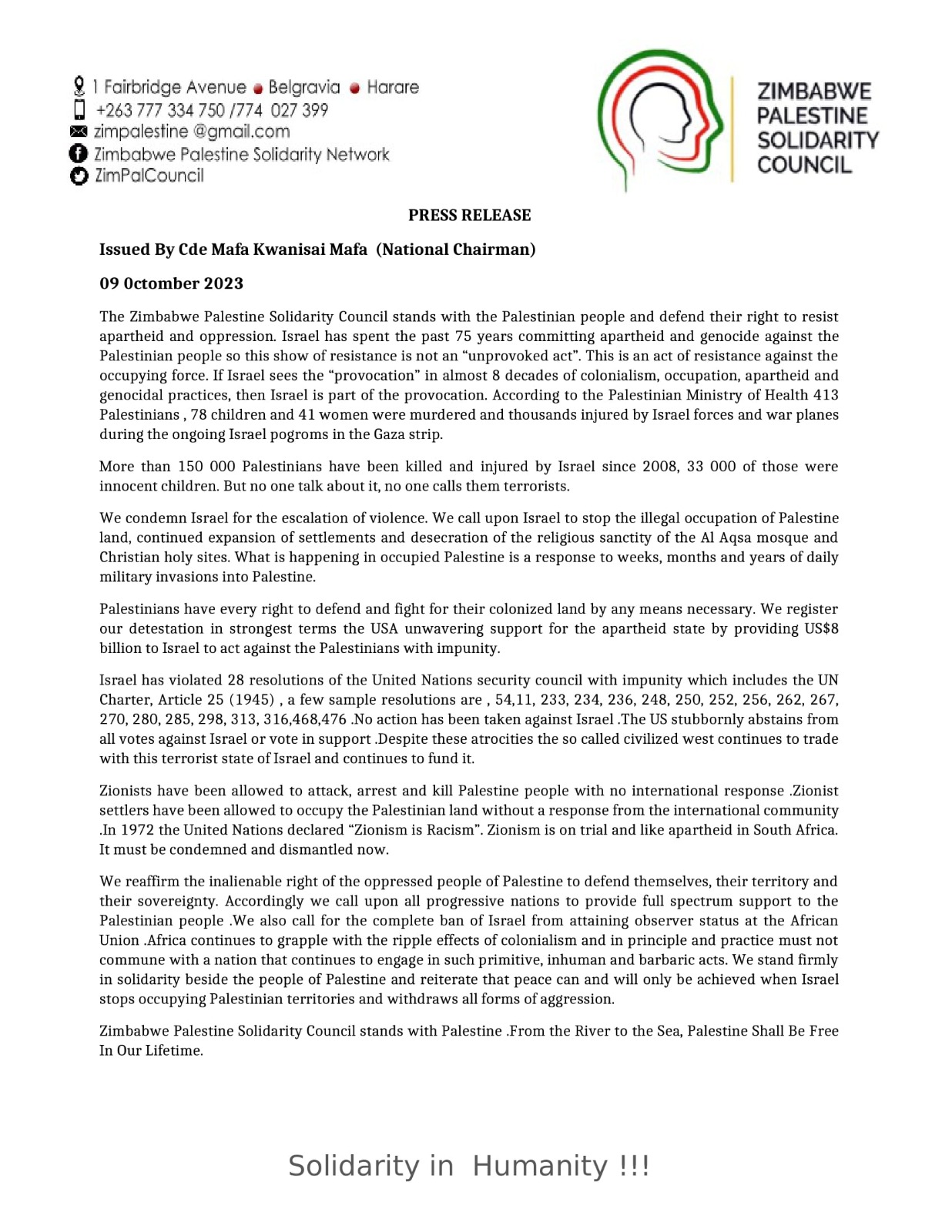  PRESS RELEASE OF ZIMBABWE PALESTINE SOLIDARITY COUNCIL